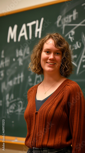 Confident female math teacher smiling in classroom. Shallow field of view.