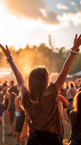 Happy Festival-goer cheering with arms raised and enjoying a music event at sunset.  © henjon