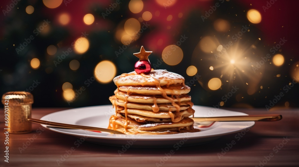 Fresh pancakes with caramel sauce and Christmas decorations on the table. Fresh pancakes with caramel sauce and Christmas decorations on the table.