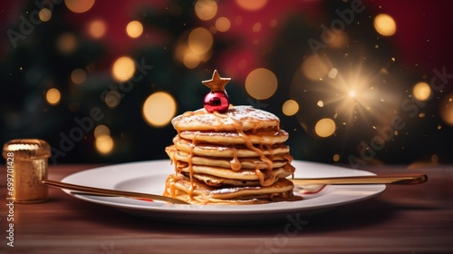 Fresh pancakes with caramel sauce and Christmas decorations on the table.
