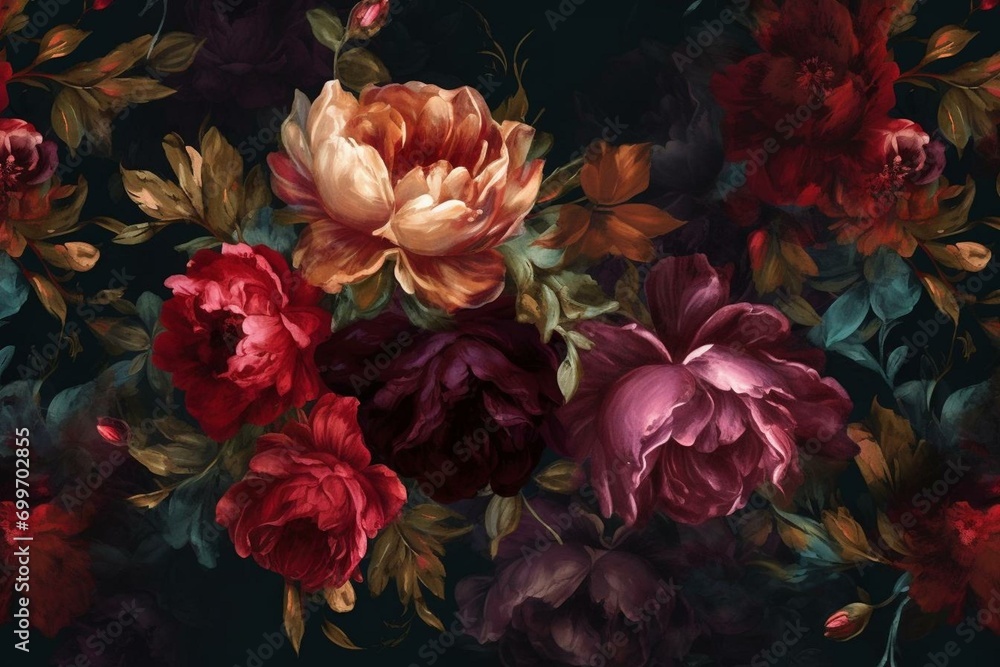 Baroque flowers in rich deep colors, red roses on dark background. Generative AI