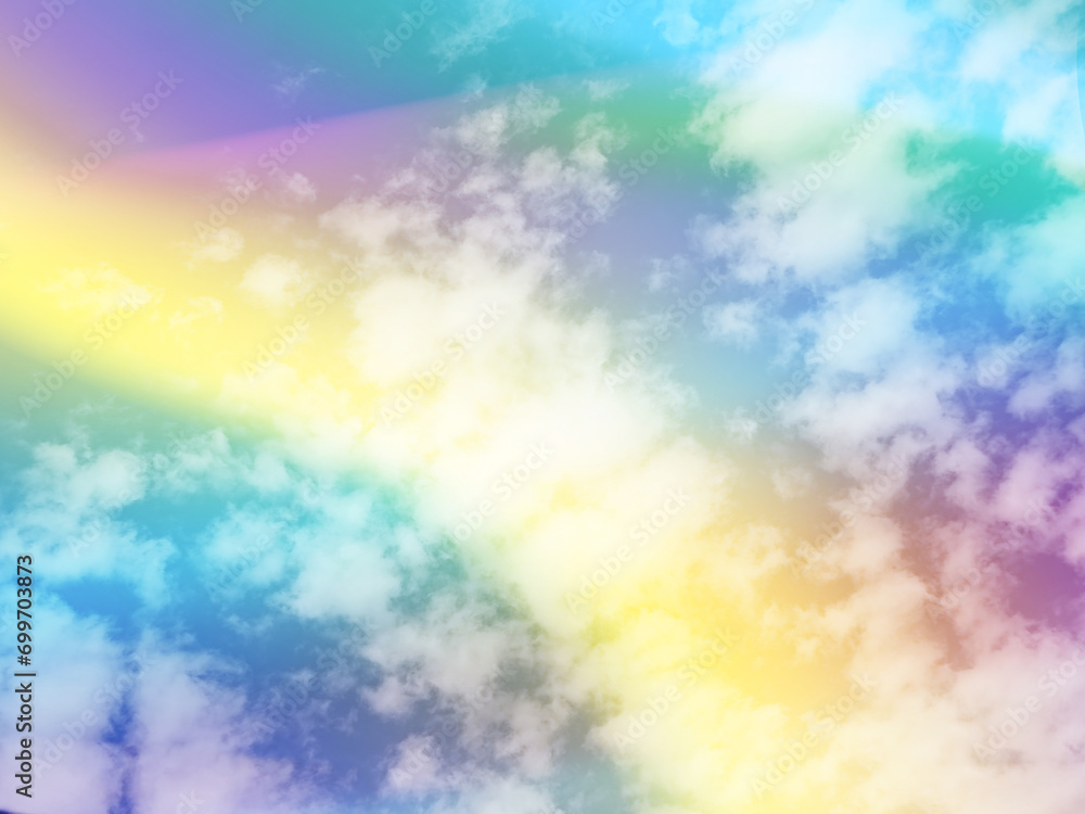 beauty sweet pastel purple and yellow colorful with fluffy clouds on sky. multi color rainbow image. abstract fantasy growing light