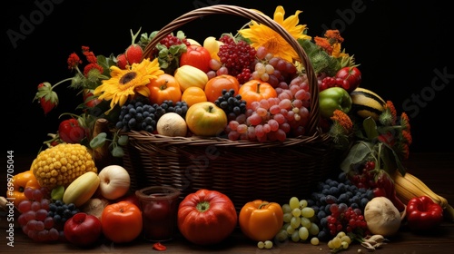 Abundance of Fresh Fruits and Vegetables in a Wicker Basket