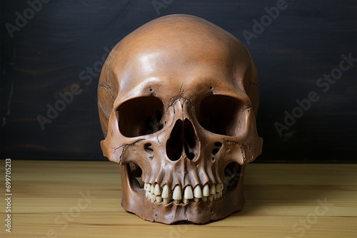 Skull Examination Human skull positioned on a wooden surface photo