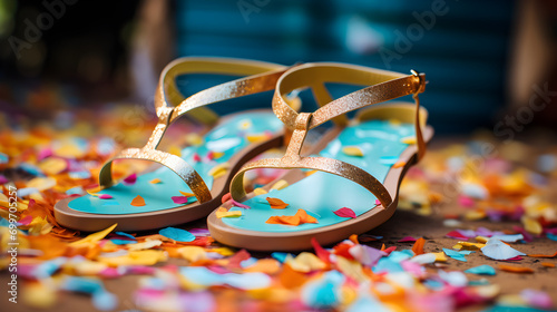 Kolhapuri Chappal- Colorful and variety of Ladies Ethnic Footwear displayed on sale at the street market in India. Kolhapuri Chappal in India are usually wore with Ethnic wear of Indian Culture photo