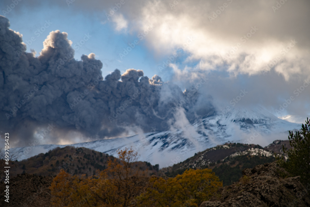 Eruptive vent with lava emis at the top of the Etna volcano