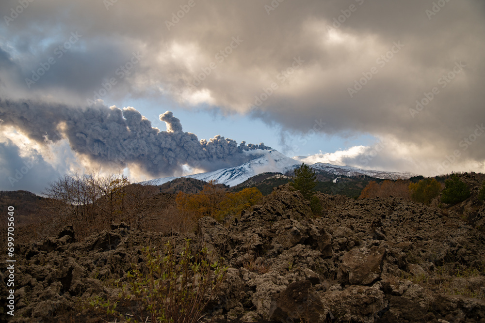 Eruptive vent with lava emis at the top of the Etna volcano