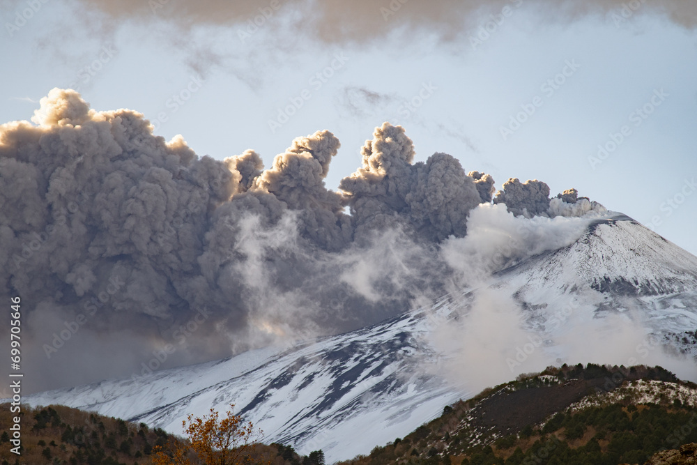 Eruptive vent with lava emis at the top of the Etna volcano