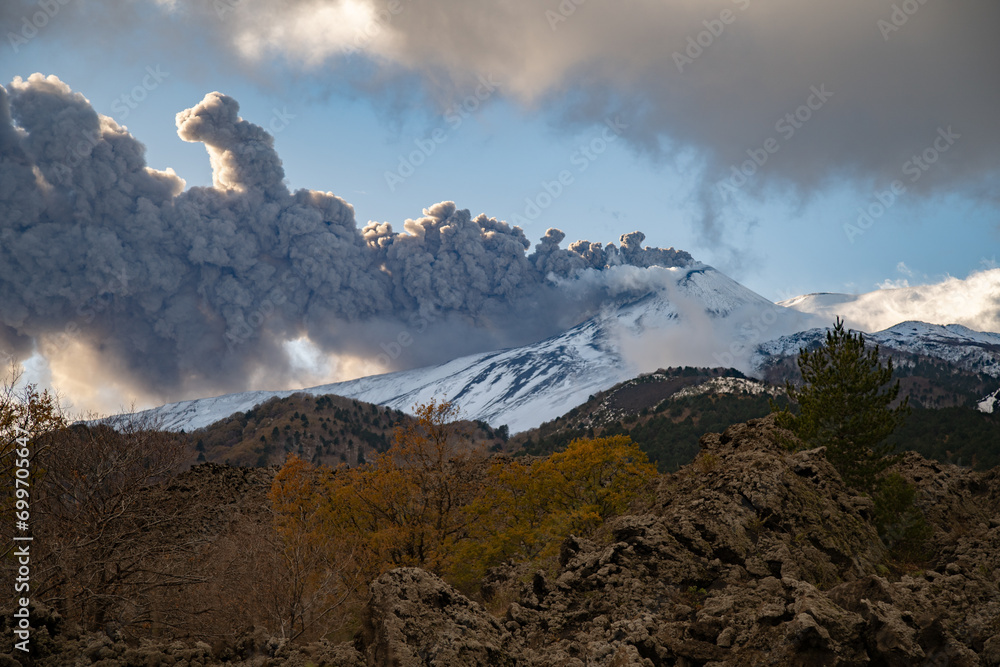 Eruptive vent with lava emis at the top of the Etna volcano