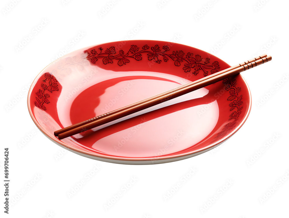 Red plate with Chinese sticks, isolated on a transparent or white background Red plate with Chinese sticks, isolated on a transparent or white background
