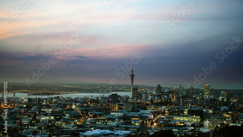 Auckland skyline at sunrise, Auckland, New Zealand 