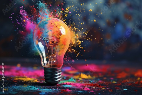 Light bulb with vibrant splashes of colorful powders emanating from it, symbolizing creative thinking of a human, on a dark background. #699707227