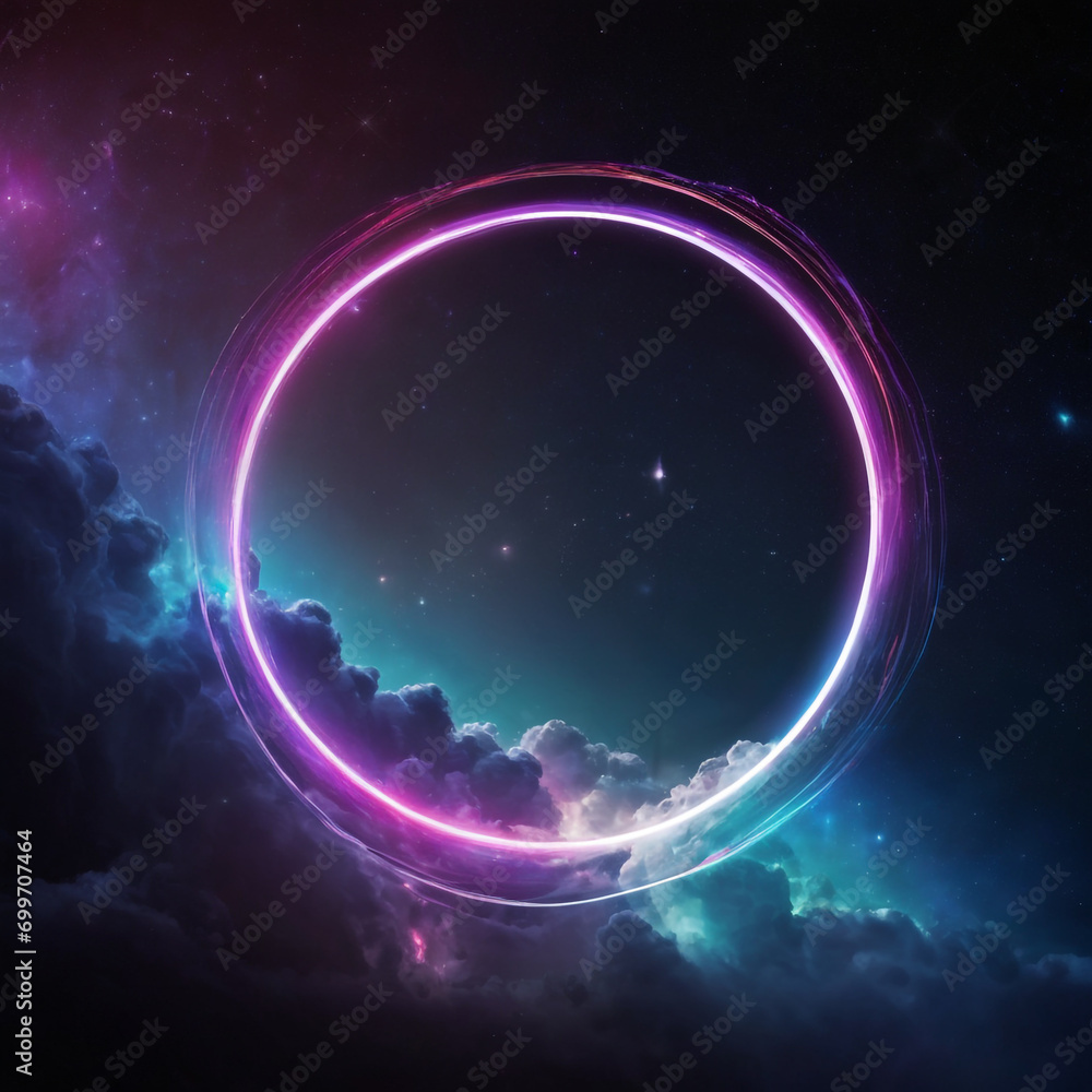 A surreal scene with a glowing neon circle surrounded by fluffy clouds against a starry night sky. The neon circle emits soft pink and purple light, illuminating the clouds.