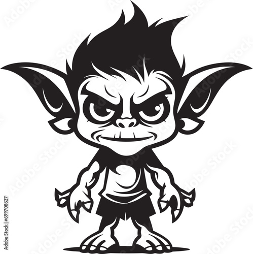 Diminutive Delight Cartoon Goblin Emblem Whimsical Miniature Black Vector Goblin