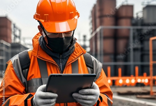 a man in orange construction and work clothes, wearing a black mask, holds a tablet in his hands against the background of factory pipes