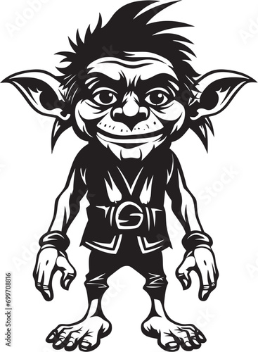 Micro Mayhem Cartoon Goblin Symbol Pint Sized Prankster Black Vector Logo