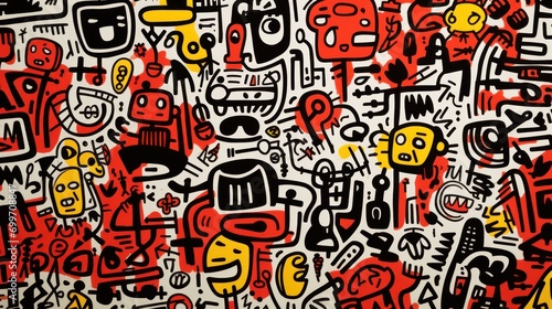 Wallpaper Mural  a vibrant and colorful painting by Keith Haring, featuring a variety of cartoon images in bright red, yellow, and black The painting is full of life and energy, wi Torontodigital.ca