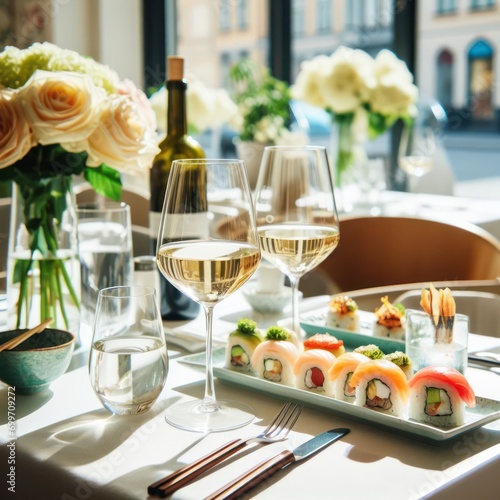 ehite wine and sushi in a bright stockholm restaurant environment