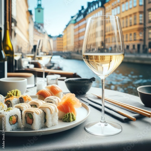 ehite wine and sushi in a bright stockholm restaurant environment