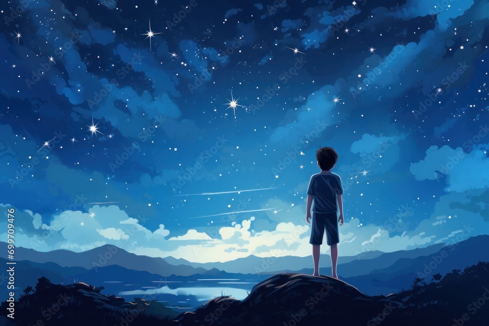 anime boy looking at the moon in the city night anime boy looking at the moon in the city night