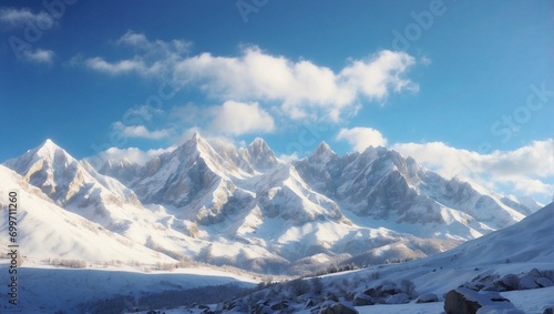Majestic mountains blanketed in snow under a clear blue winter sky. Generative AI © Zohaib