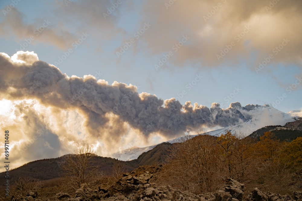 Eruptive vent with lava emis at the top of the Etna volcano
