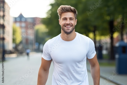 A man in a white shirt is walking down the street