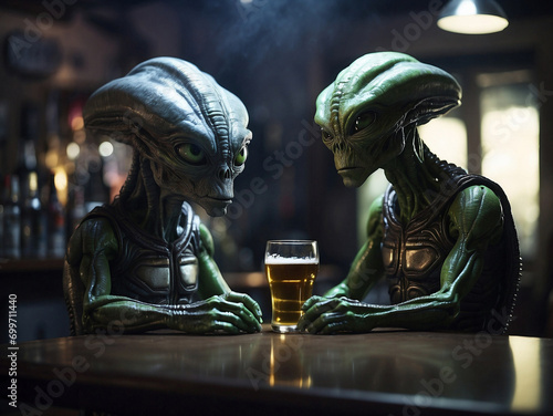 alien drinking a beer in a bar