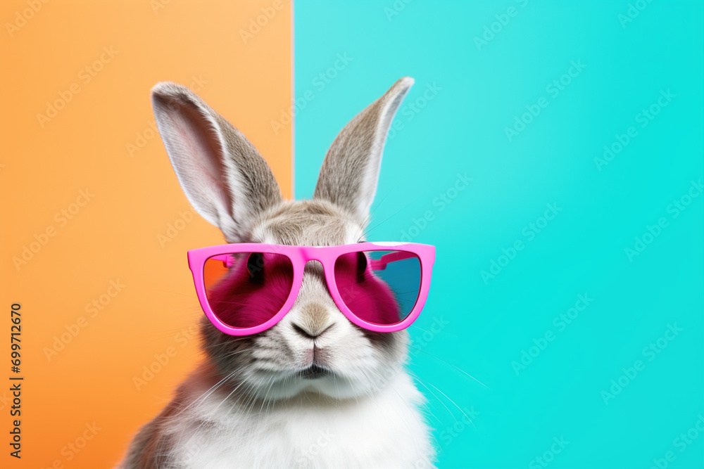 Looking in camera Easter Bunny rabbit with sunglasses on a gradient plain studio background with Empty space place for text, copy paste. Spring holiday celebration concept