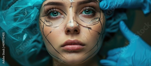 Unidentified woman prepared for plastic surgery, with marks and creative collage.