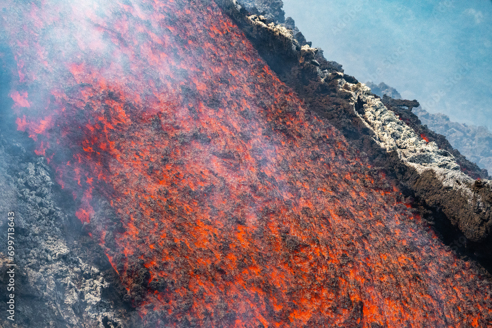 Eruptive vent with lava emis at the top of the Etna volcano