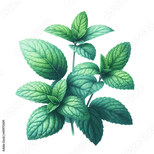 green mint herb with leaves watercolor paint on white for greeting card wedding design