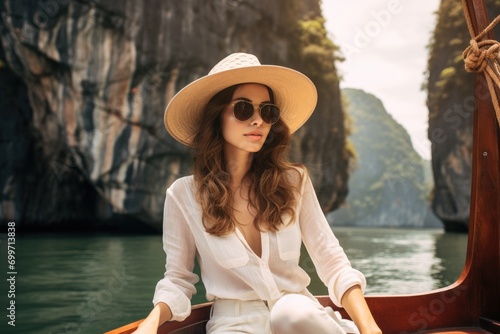 A woman in a hat and sunglasses sitting in a boat