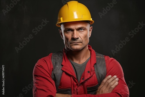 A man wearing a hard hat with his arms crossed