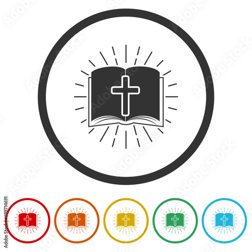  Christian cross and book logo. Set icons in color circle buttons