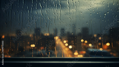 Rainy window with city view photo