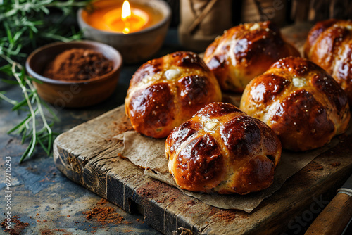 Hot cross buns are sweet buns with raisins, decorated with a cross on top photo