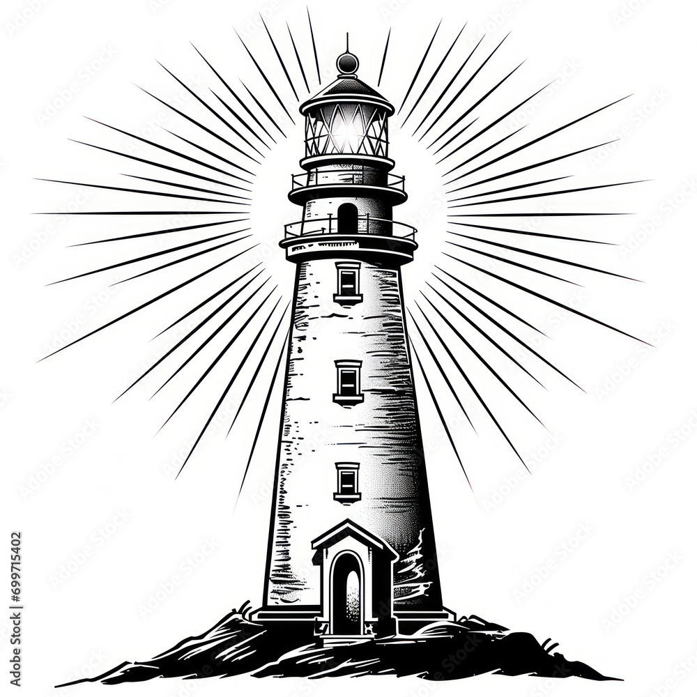 a drawing of a lighthouse in black and white.