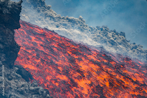 Eruptive vent with lava emis at the top of the Etna volcano