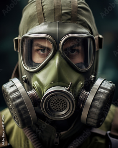 Portrait of a man in military gas mask. Ai generative