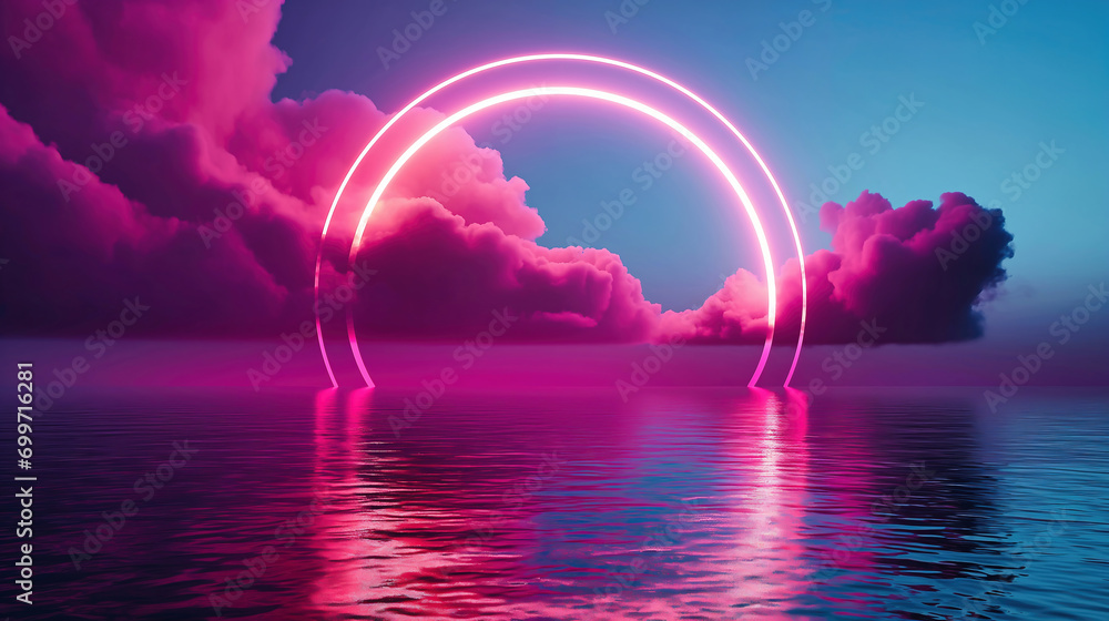 Cloudy abstract background with neon lights and sea waves.