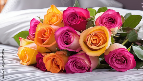 Bouquet of roses on the bed