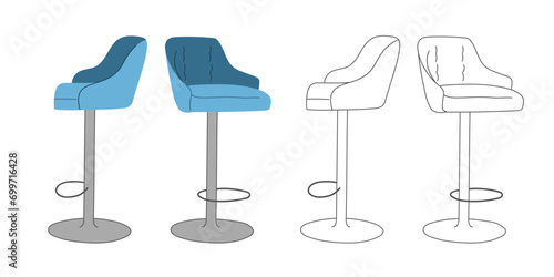 Kitchen or bar highchair on one single metal leg with disk. Blue and outline tall stool isolated on white background. Vector illustration photo