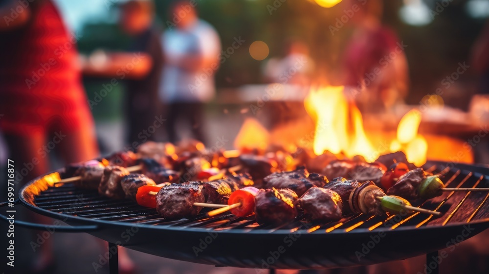 Barbeque grill with delicious grilled meat and vegetables on blurred party people background 