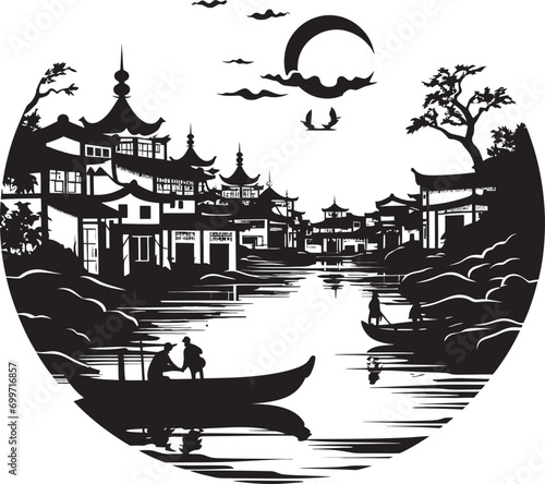 Vintage Riverside Composition Vintage Town Emblem Riverside Reverie Black Vector Design