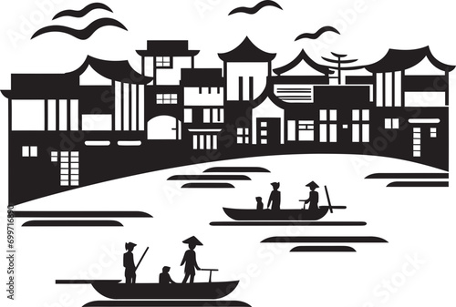 Riverside Reverie Black Vector Design Vintage Town Overture Town Black Vector Symbol
