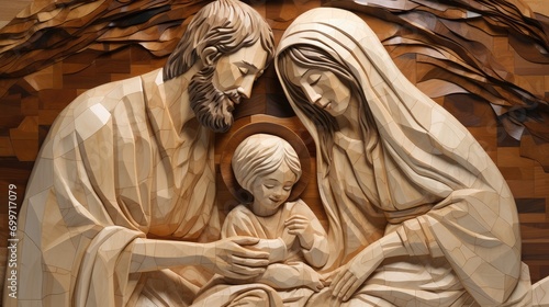Biblical holy family. wood veneer mosaics. hyperrealism.  photo