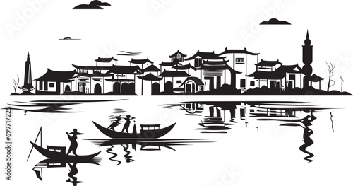 Riverfront Reverie Black Vector Symbol Vintage Waterside Serenity Black Vector Icon