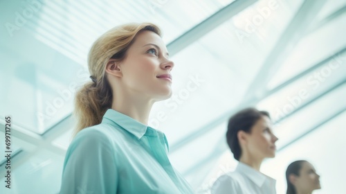 corporate business concept Group of people low angle view modern office,profile view of team corporate businesswoman portrait shot in formal stylish cloth in pastel teal color