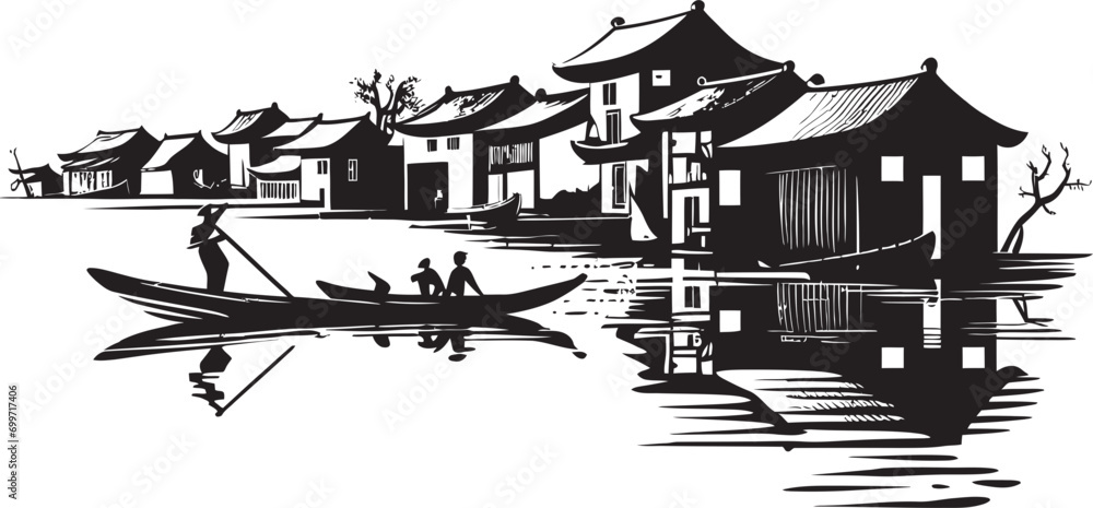 Fototapeta premium Riverine Memory Lane Vintage Town Design Riverside Heritage Black Vector Symbol